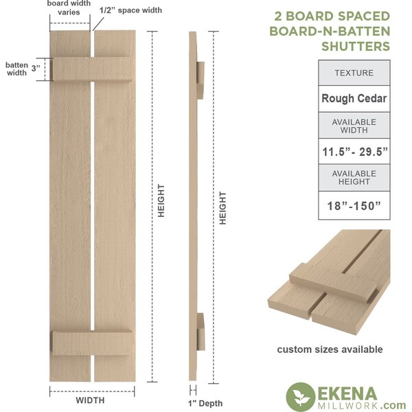 Rustic Two Board Spaced Board-n-Batten Rough Cedar Faux Wood Shutters, 11 1/2W X 36H